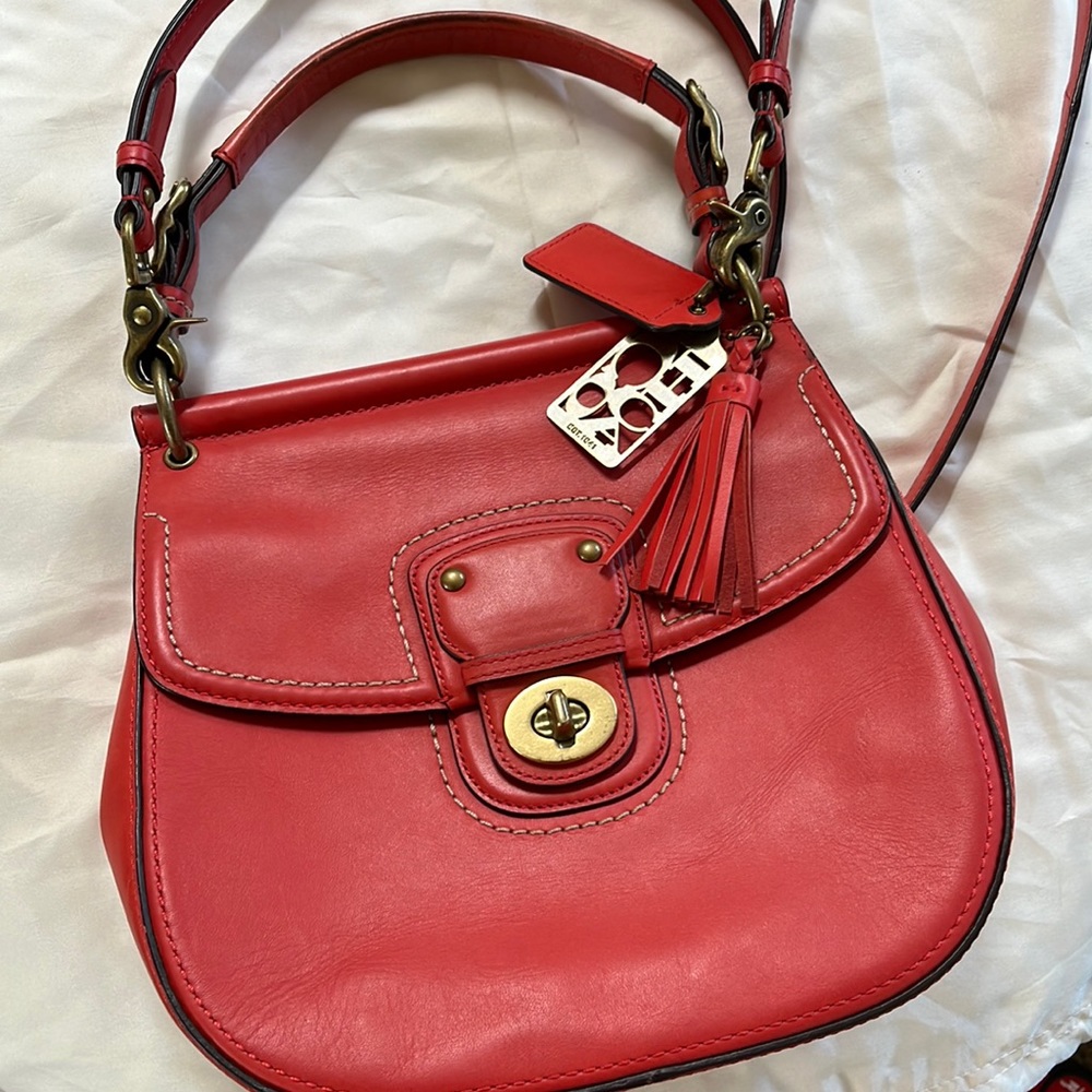 Retro Coach Red-Orange Crossbody with striped lining